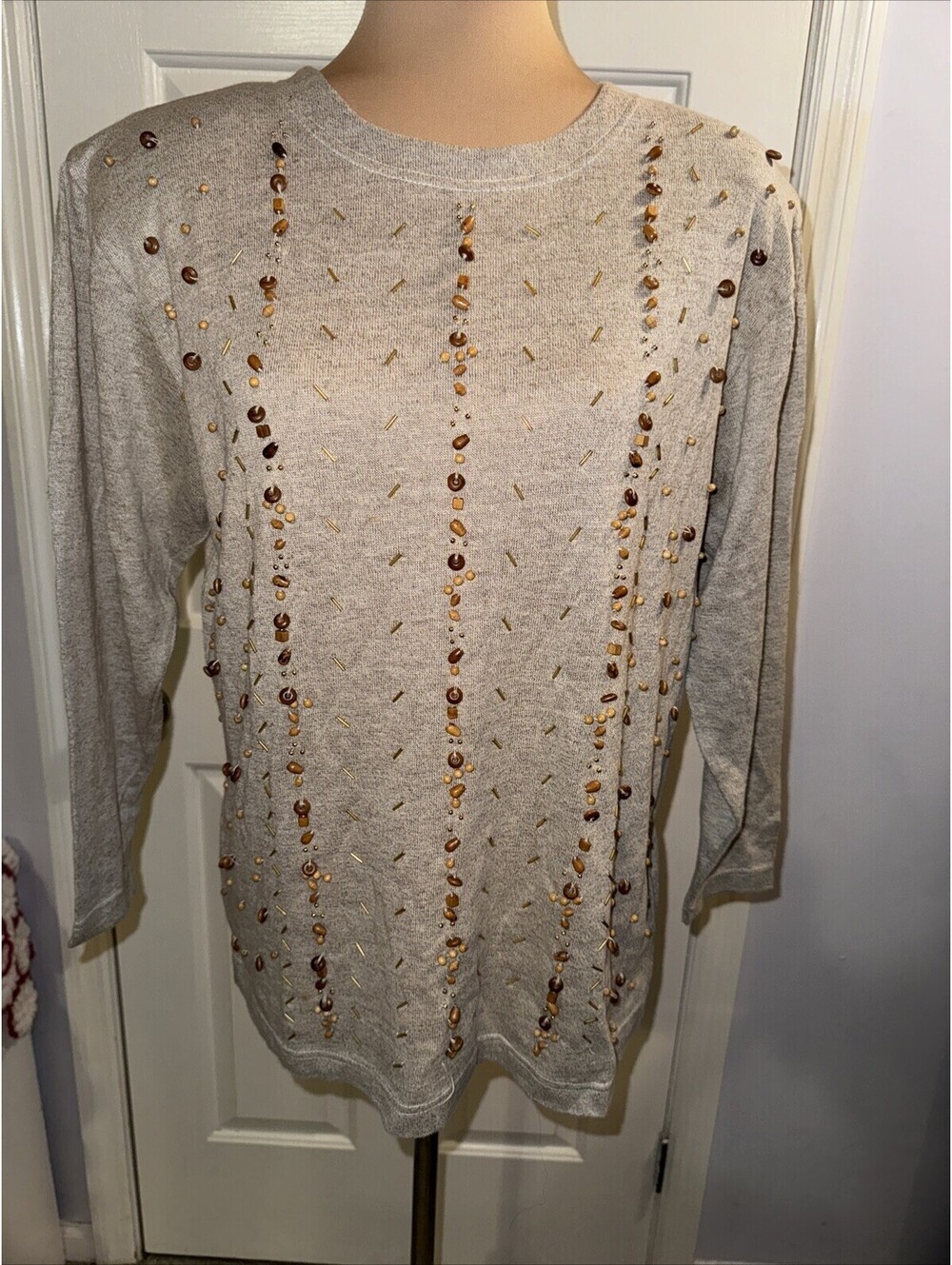 Lisa Ashley Originals Vintage 90's Wood Beads Beaded Linen Blend Sweater Small